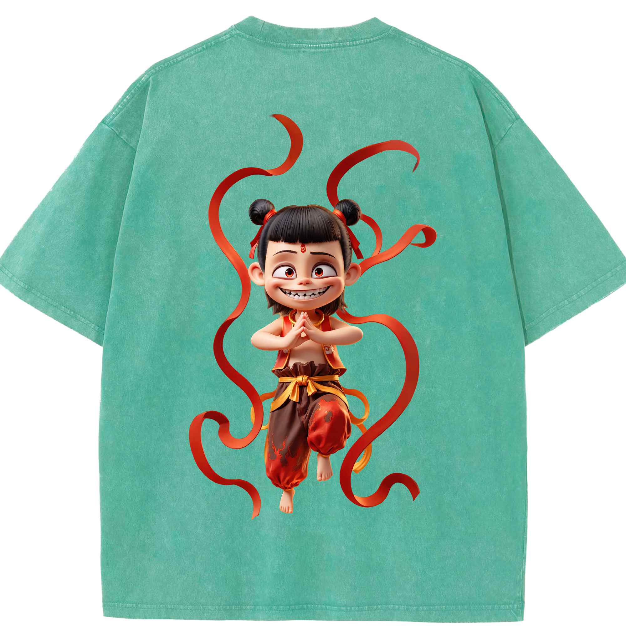 （画像用） Ne Zha 2 ナタ 魔童の大暴れ 綿100% ヴィンテージ風 半袖Tシャツ（背面プリント）